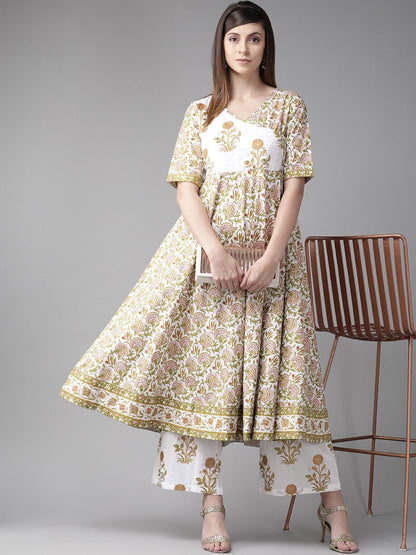 Women's  White & Olive Green Floral Print Angrakha Anarkali Kurta