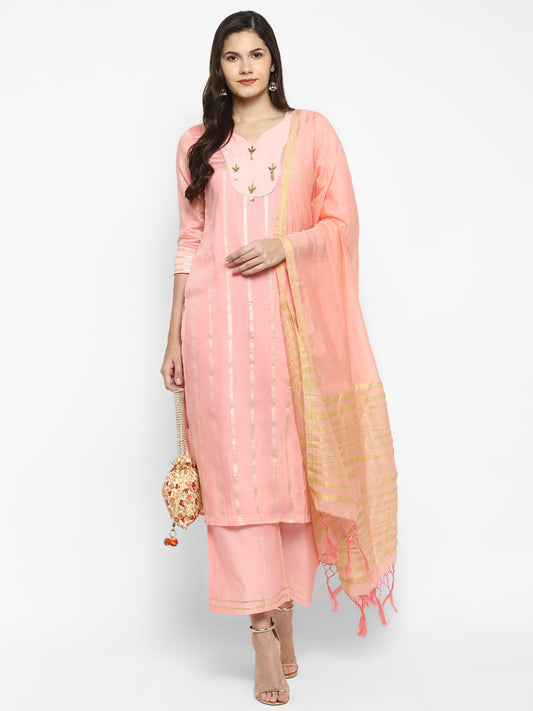 Women's Pink Color Chanderi Silk Embroidered Straight Kurta Palazzo With Dupatta