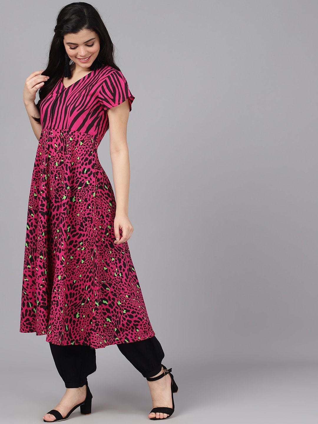 Women's  Magenta & Brown Animal Printed Anarkali Kurta