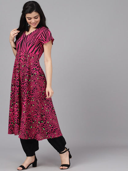Women's  Magenta & Brown Animal Printed Anarkali Kurta