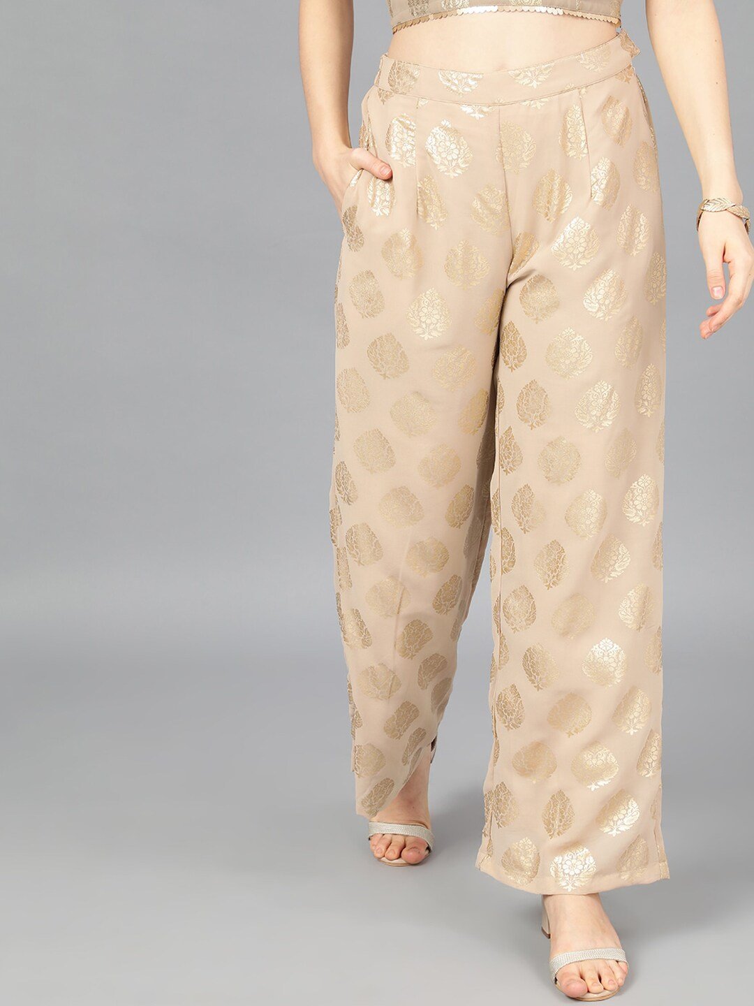 Women's  Beige & Gold-Toned Printed Wide Leg Palazzos