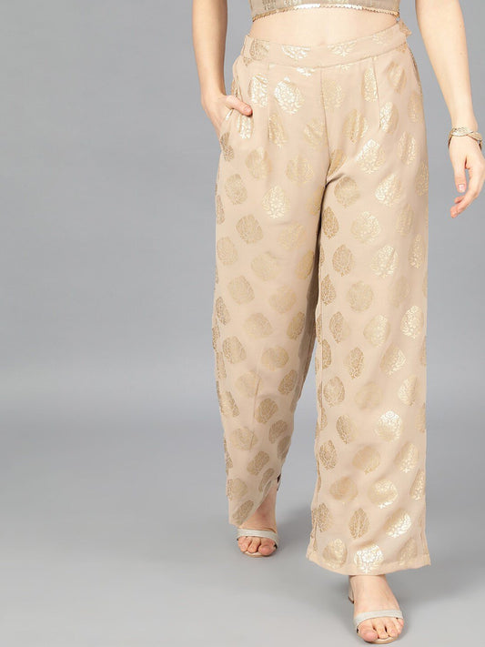 Women's  Beige & Gold-Toned Printed Wide Leg Palazzos