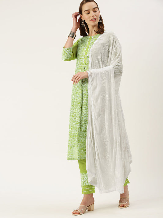 Women's Green Color Chanderi Silk Straight Embroidered Kurta Pant With Dupatta