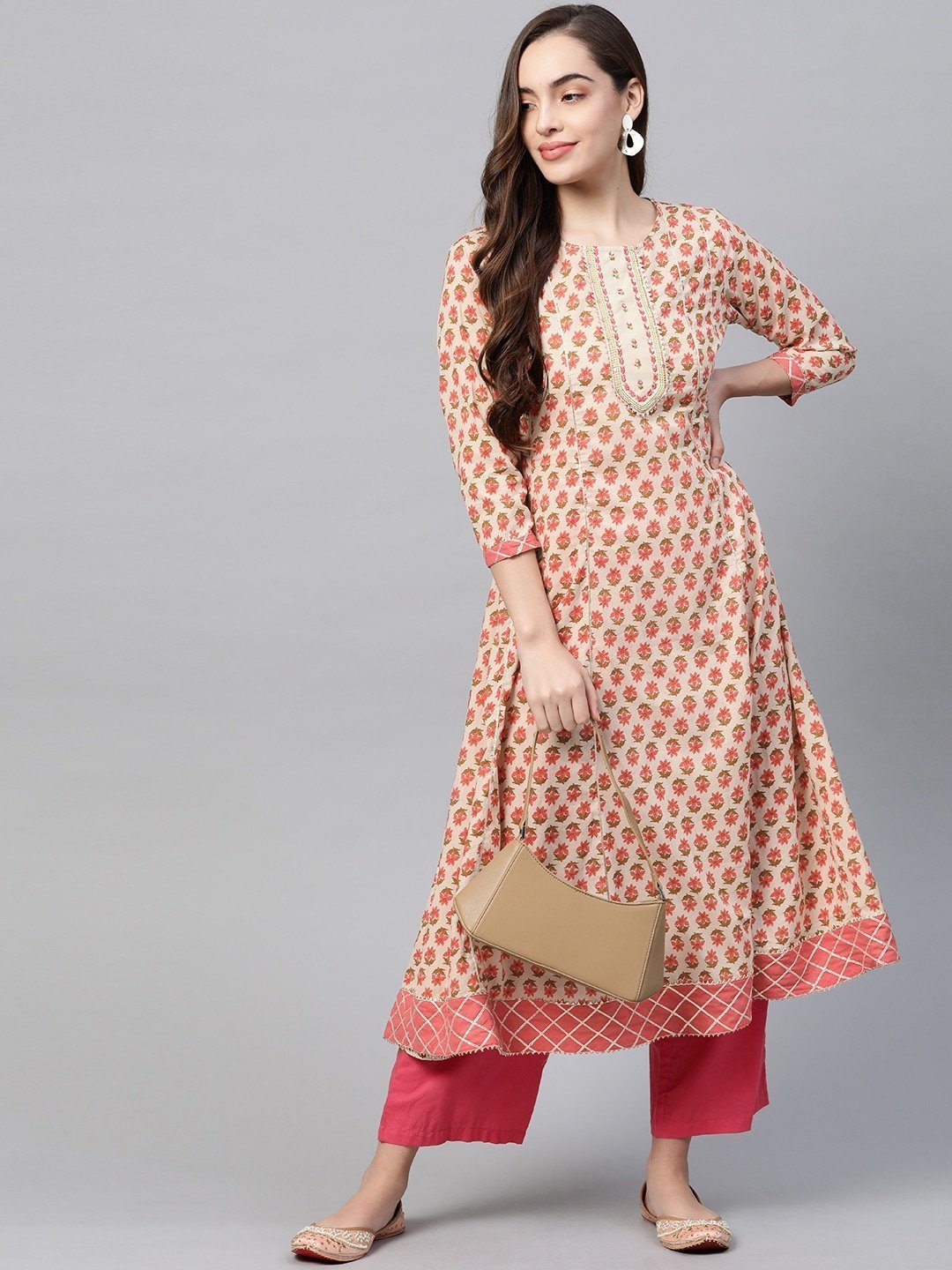 Women's Beige & Peach Printed Kurta