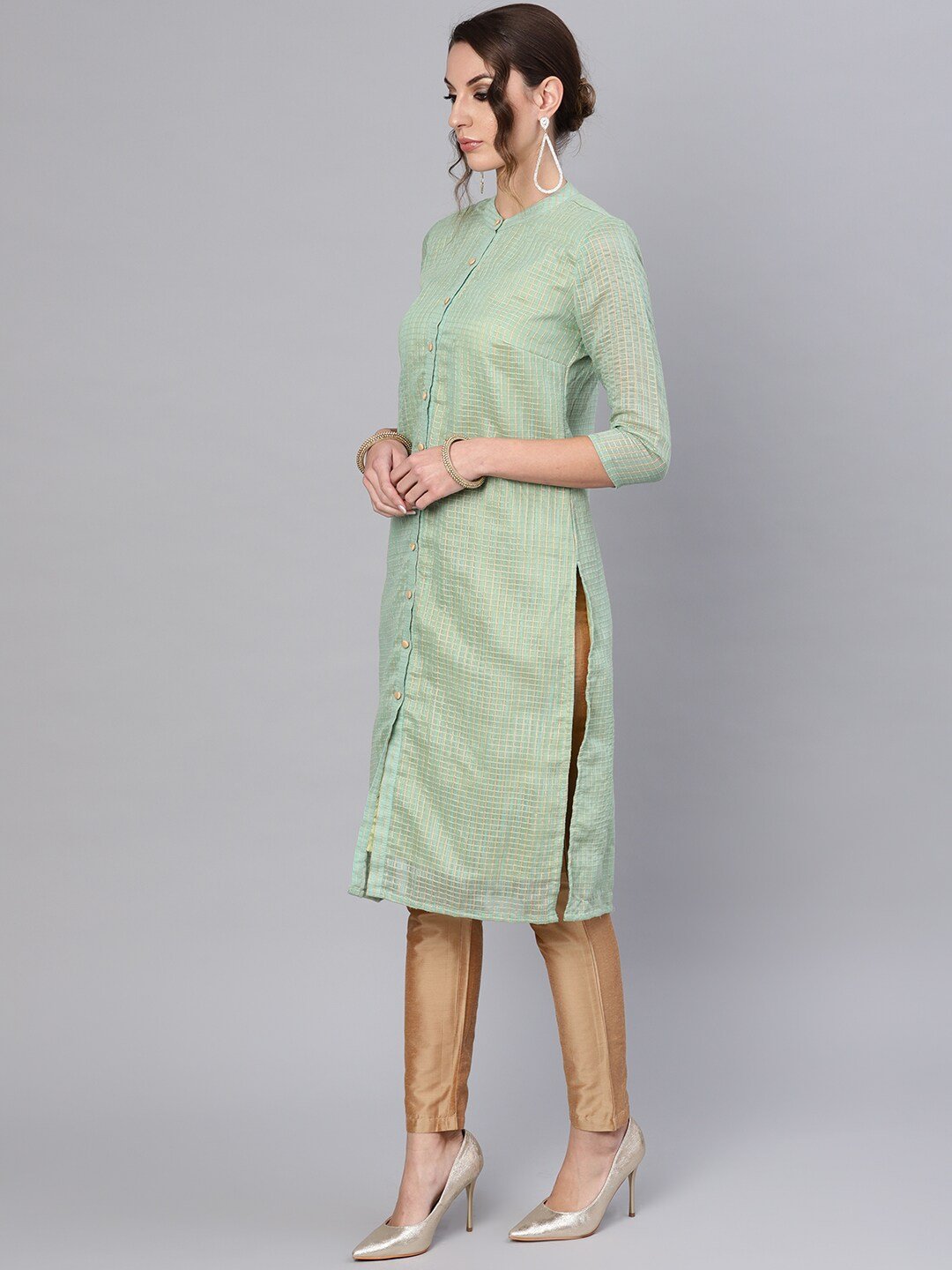 Women's  Green & Beige Checked Straight Kurta
