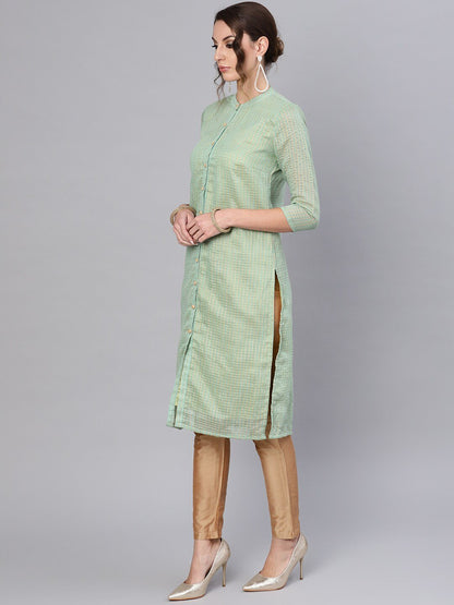 Women's  Green & Beige Checked Straight Kurta