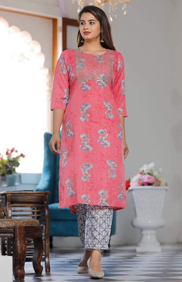 Women's Rayon Straight Printed Embroidered Kurta And Pant Set