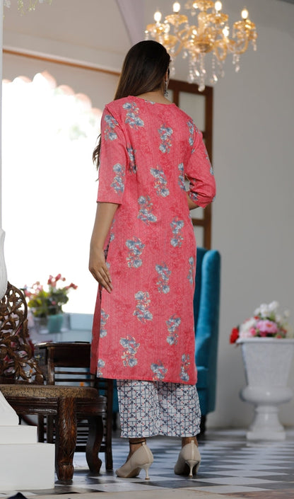 Women's Rayon Straight Printed Embroidered Kurta And Pant Set