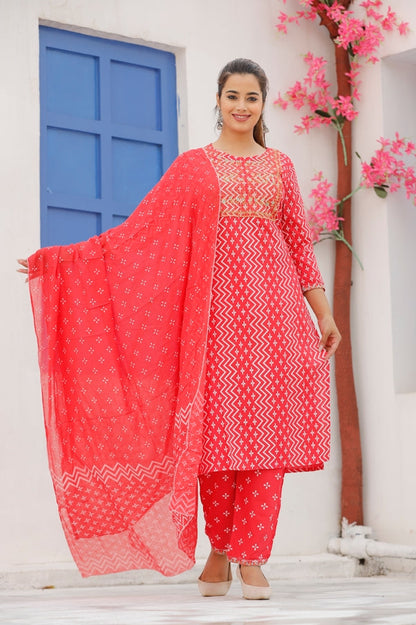 Women's Rayon Red Bhandej Printed Embroidered Kurta With Pant And Dupatta Set