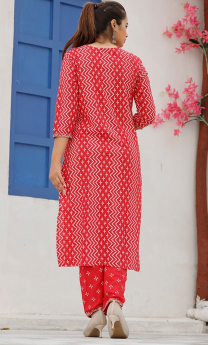 Women's Rayon Red Bhandej Printed Embroidered Kurta With Pant And Dupatta Set