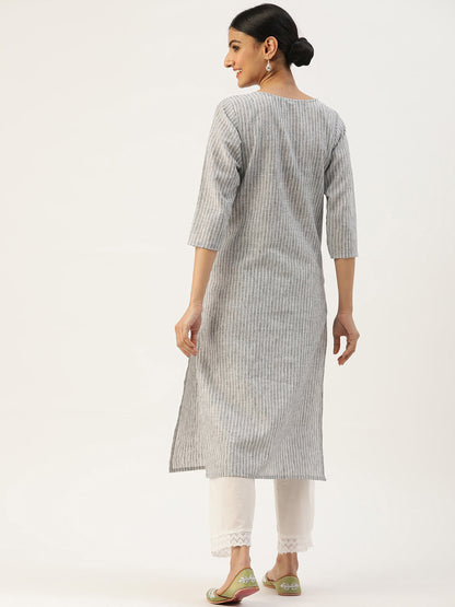 Women's Embroidered Cotton Blend Straight Kurta (Grey)