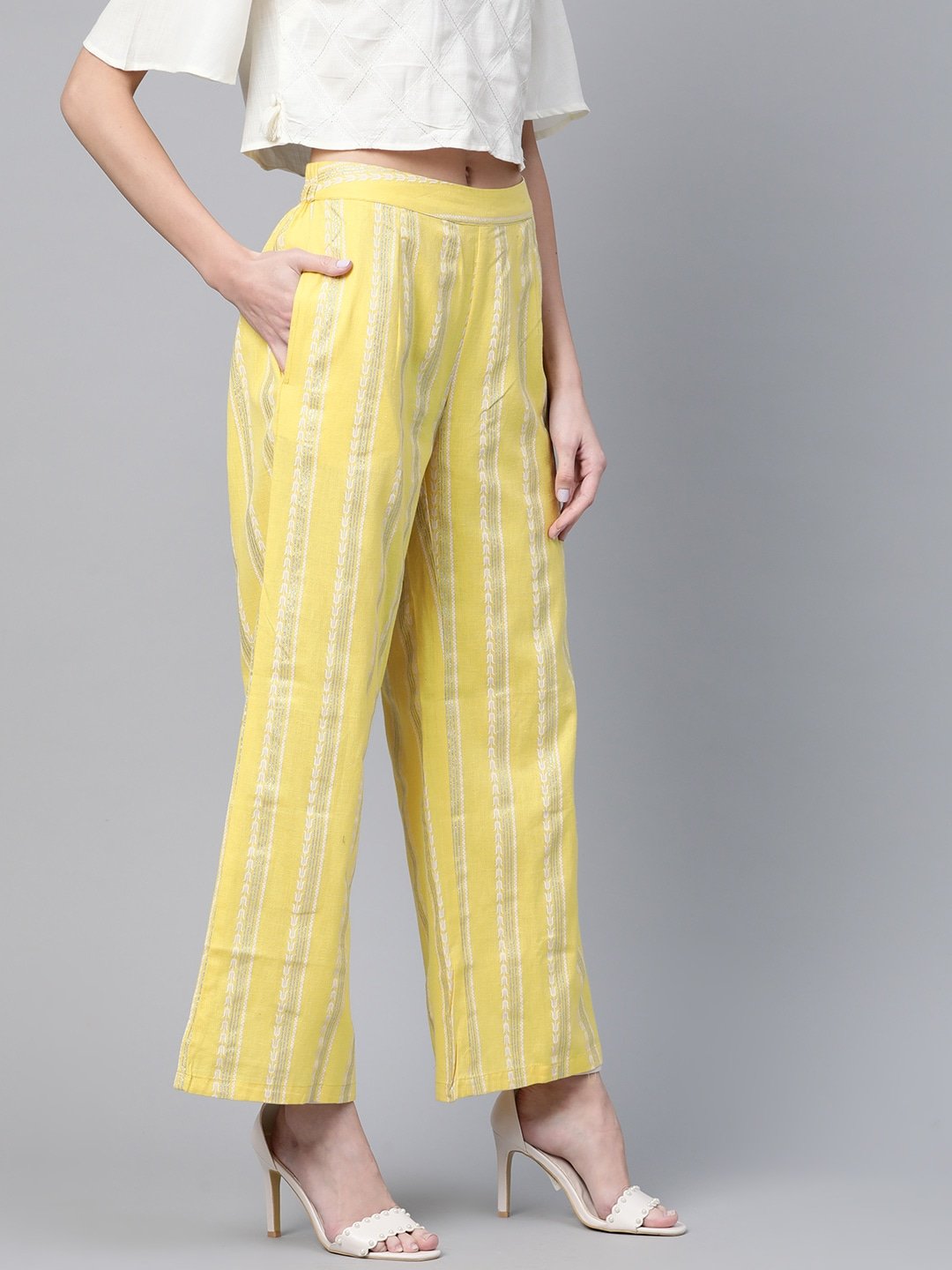 Women's  Yellow & Silver Khari Striped Straight Palazzos
