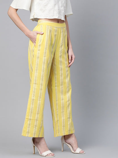 Women's  Yellow & Silver Khari Striped Straight Palazzos