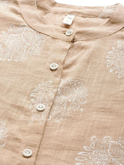 Women's  Beige & White Khari Print Straight Kurta