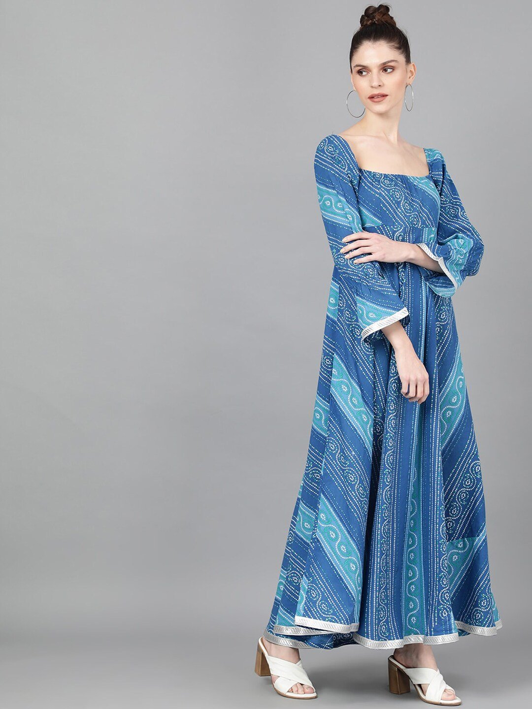 Women's  Blue Bandhani Printed Fit and Flare Dress