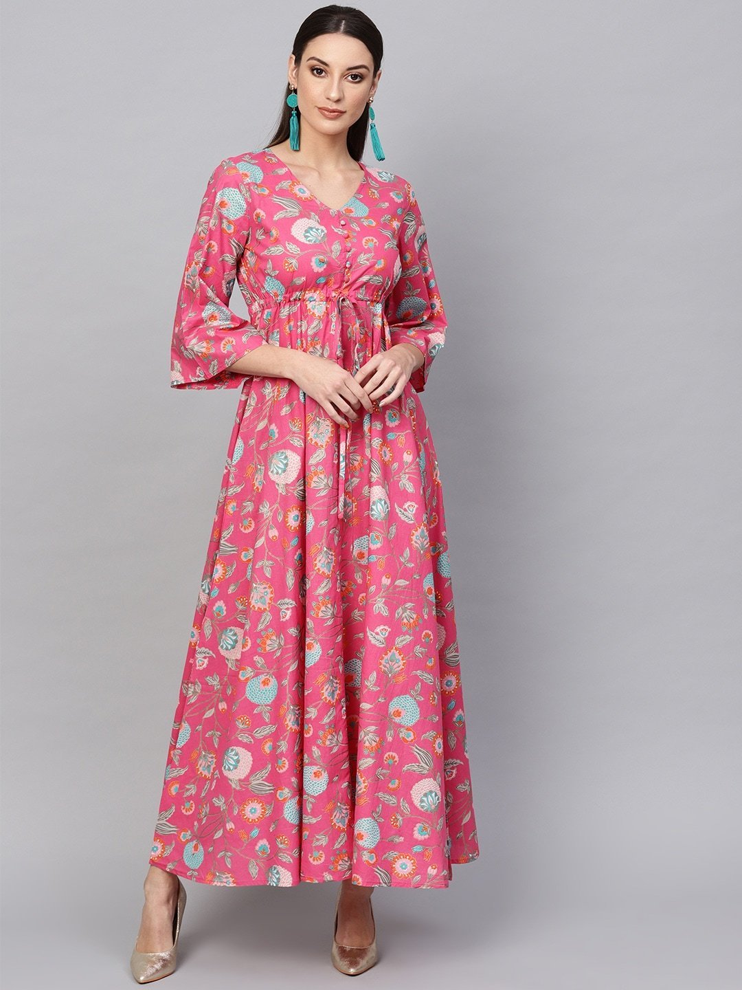 Women's  Printed Pink & Blue Floral Print Maxi Dress
