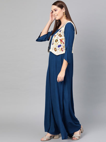 Women's  Blue Solid Fit and Flare Dress