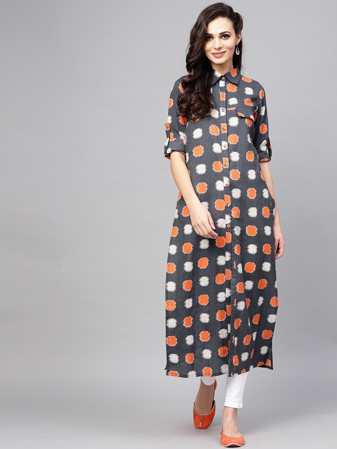 Women's  Navy Blue & Orange Printed Straight Kurta