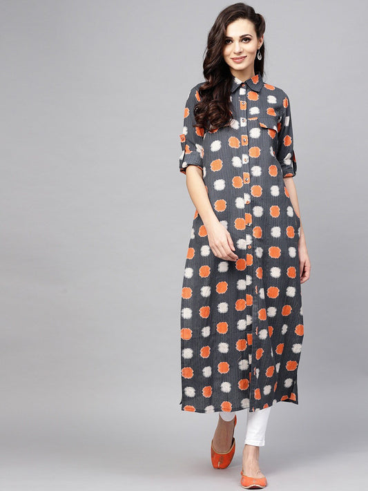 Women's  Navy Blue & Orange Printed Straight Kurta