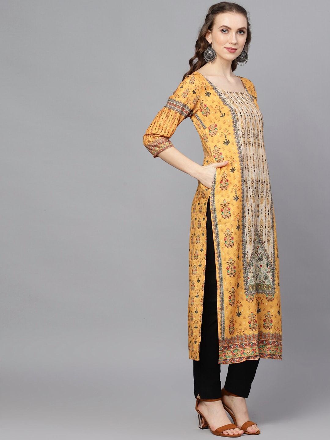Women's  Yellow & Green Printed Straight Kurta