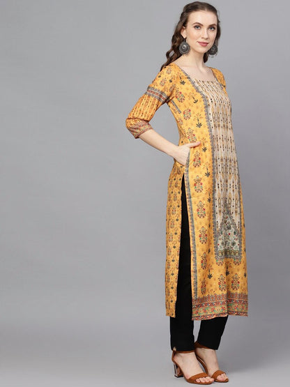 Women's  Yellow & Green Printed Straight Kurta