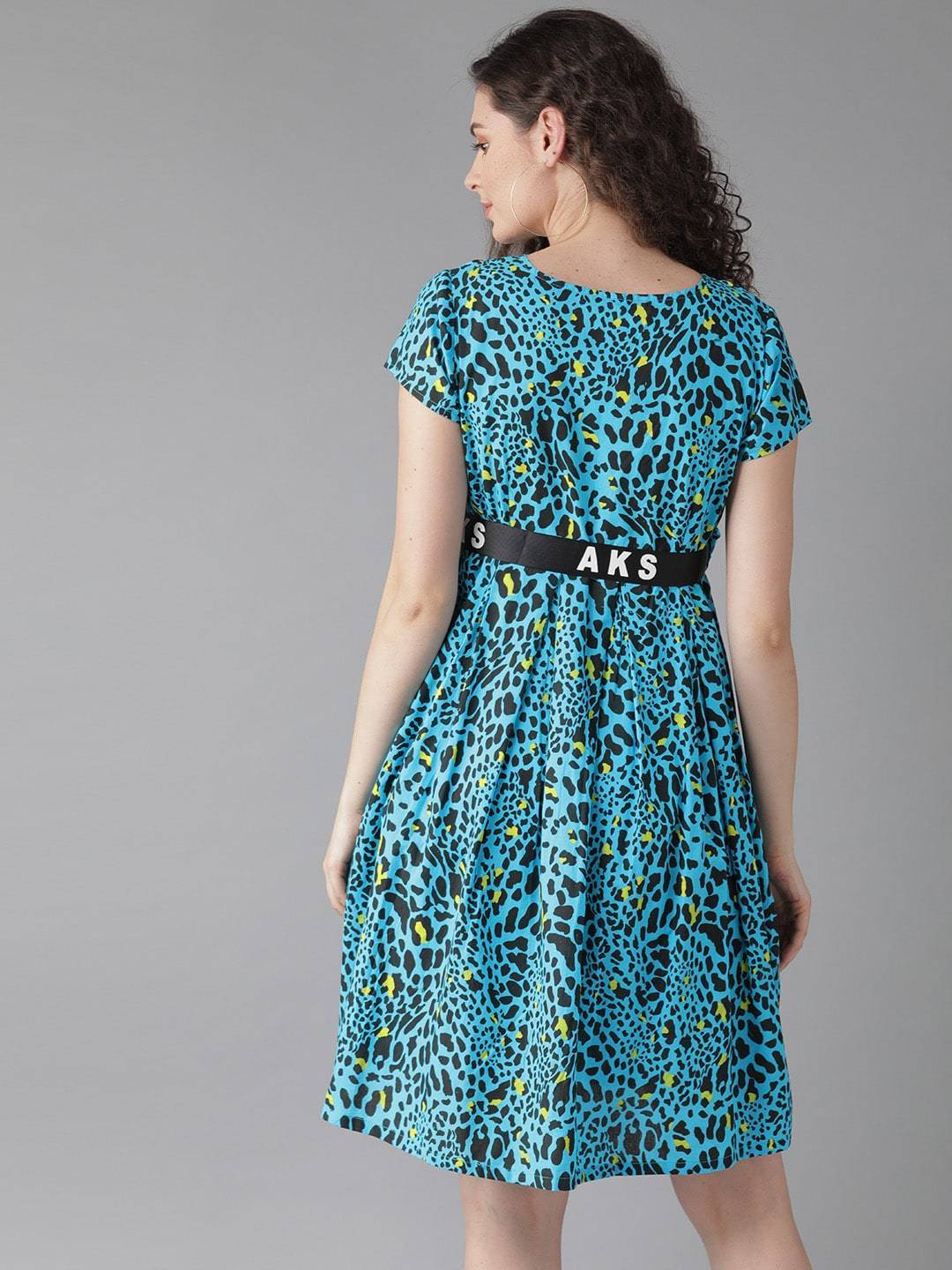 Women's  Blue & Black Leopard Print A-Line Dress with Pouch