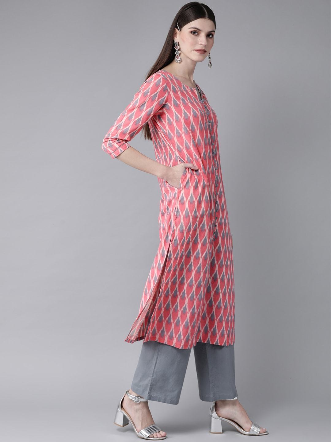 Women's  Pink & Grey Printed Straight Kurta