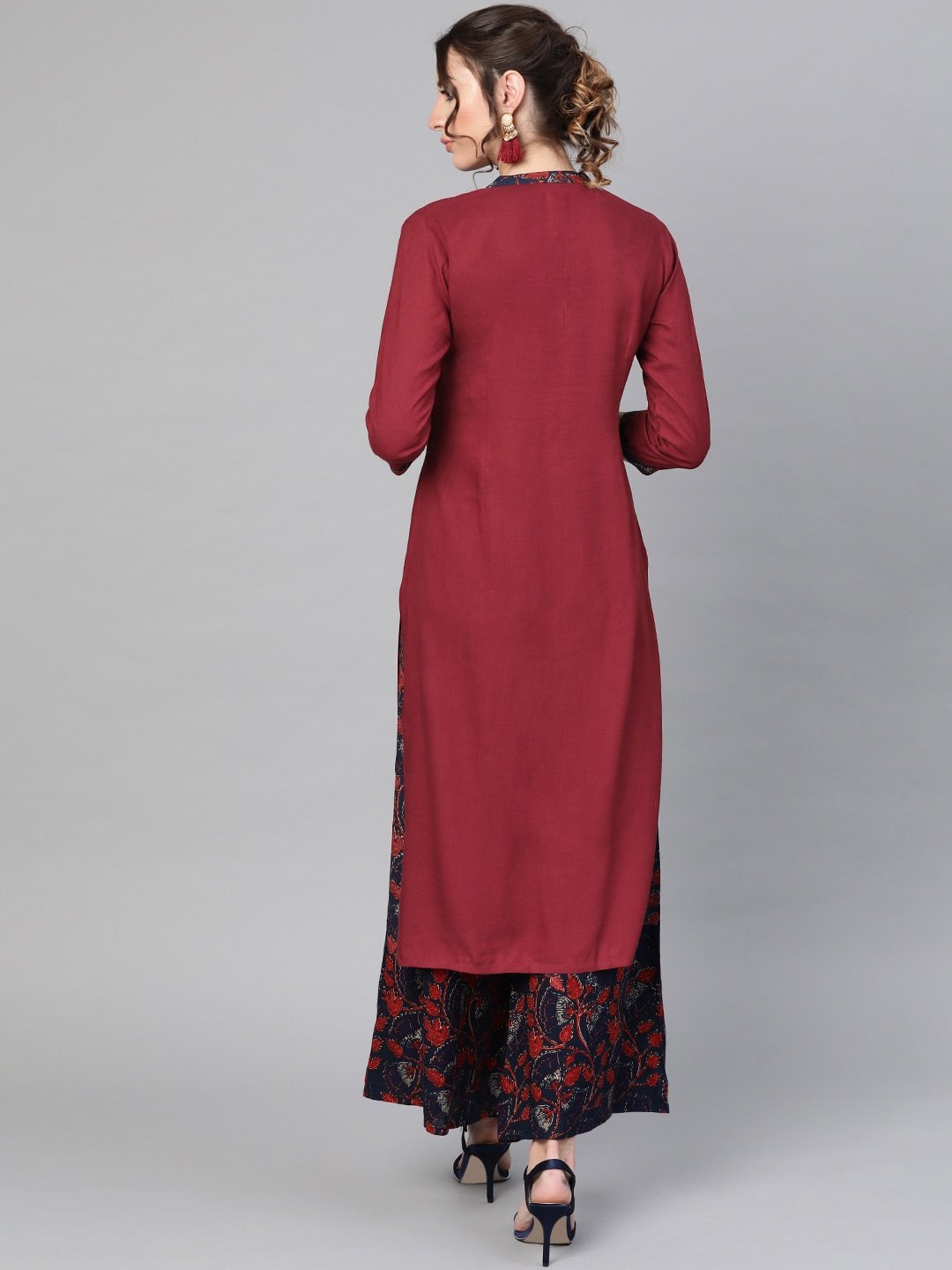 Women's  Maroon & Navy Blue Solid Kurta with Palazzos