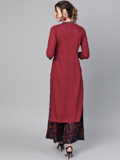 Women's  Maroon & Navy Blue Solid Kurta with Palazzos