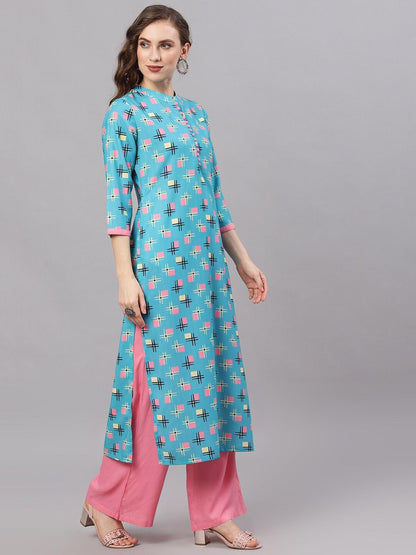 Women's  Blue Printed Straight Kurta