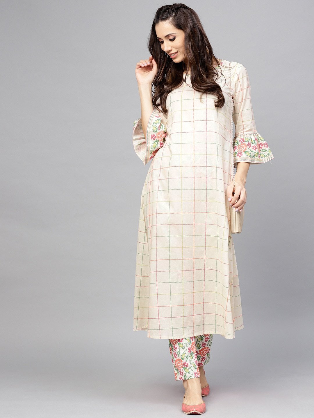 Women's  Off-White Checked A-Line Kurta