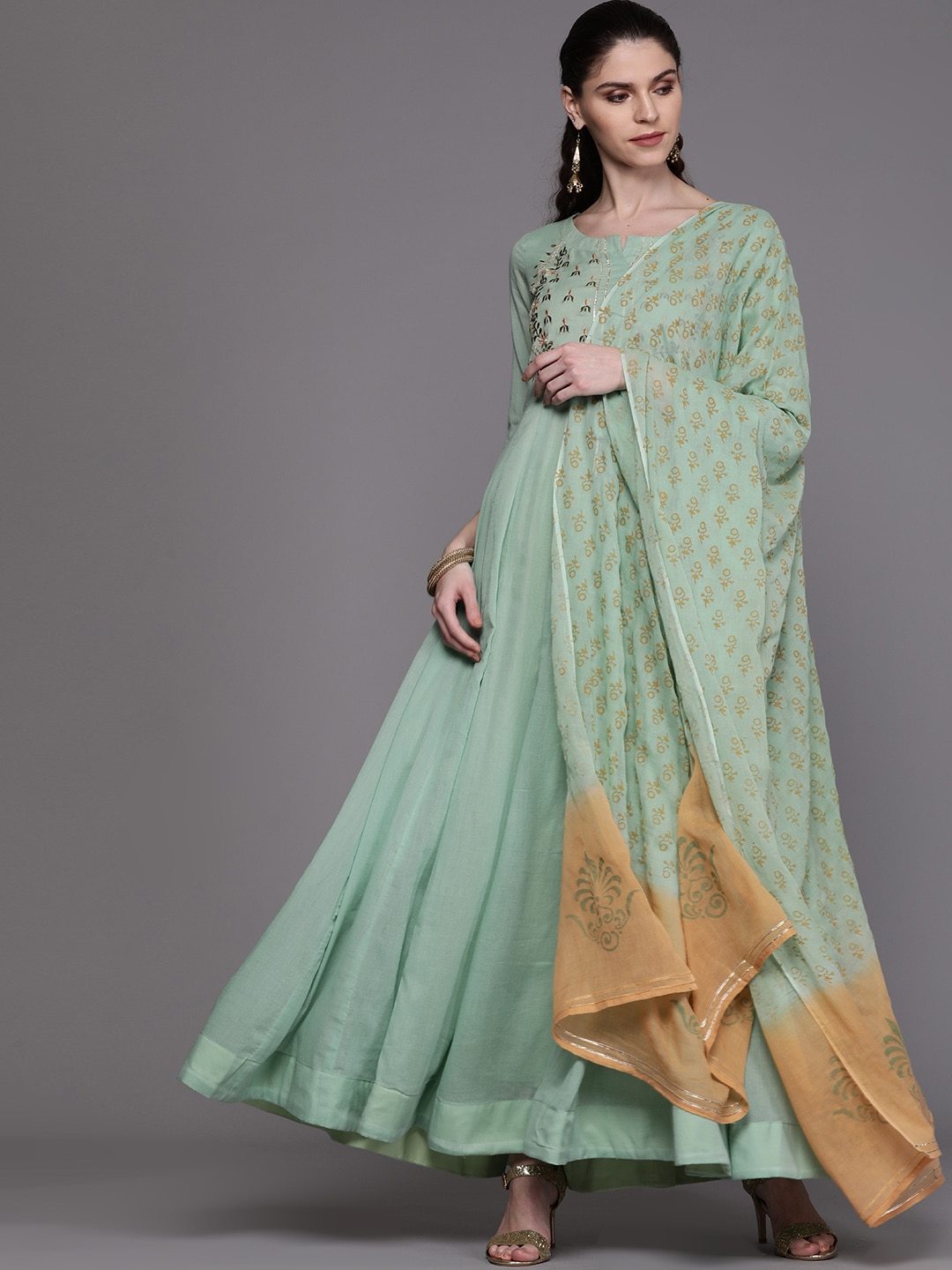 Women's  Sea Green & Golden Yoke Design Anarkali Kurta With Dupatta