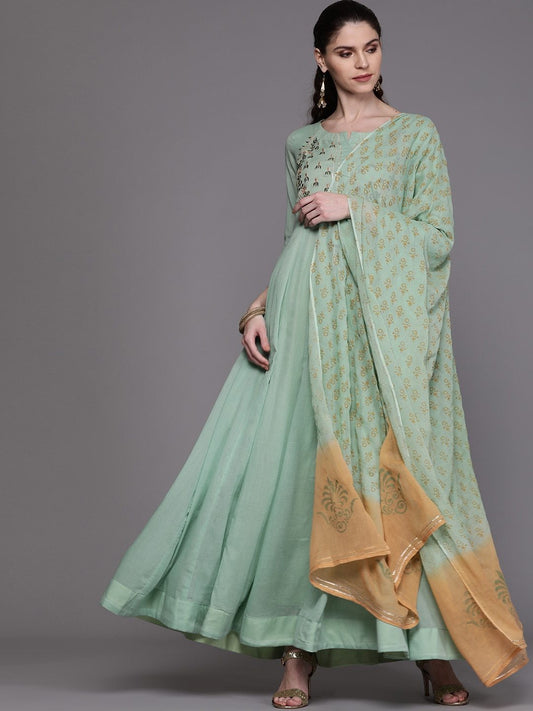 Women's  Sea Green & Golden Yoke Design Anarkali Kurta With Dupatta
