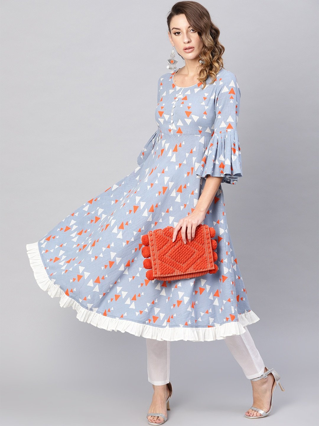 Women's  Blue & Orange Printed Anarkali Kurta