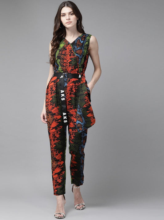 Women's  Orange & Black Snake Printed Basic Jumpsuit