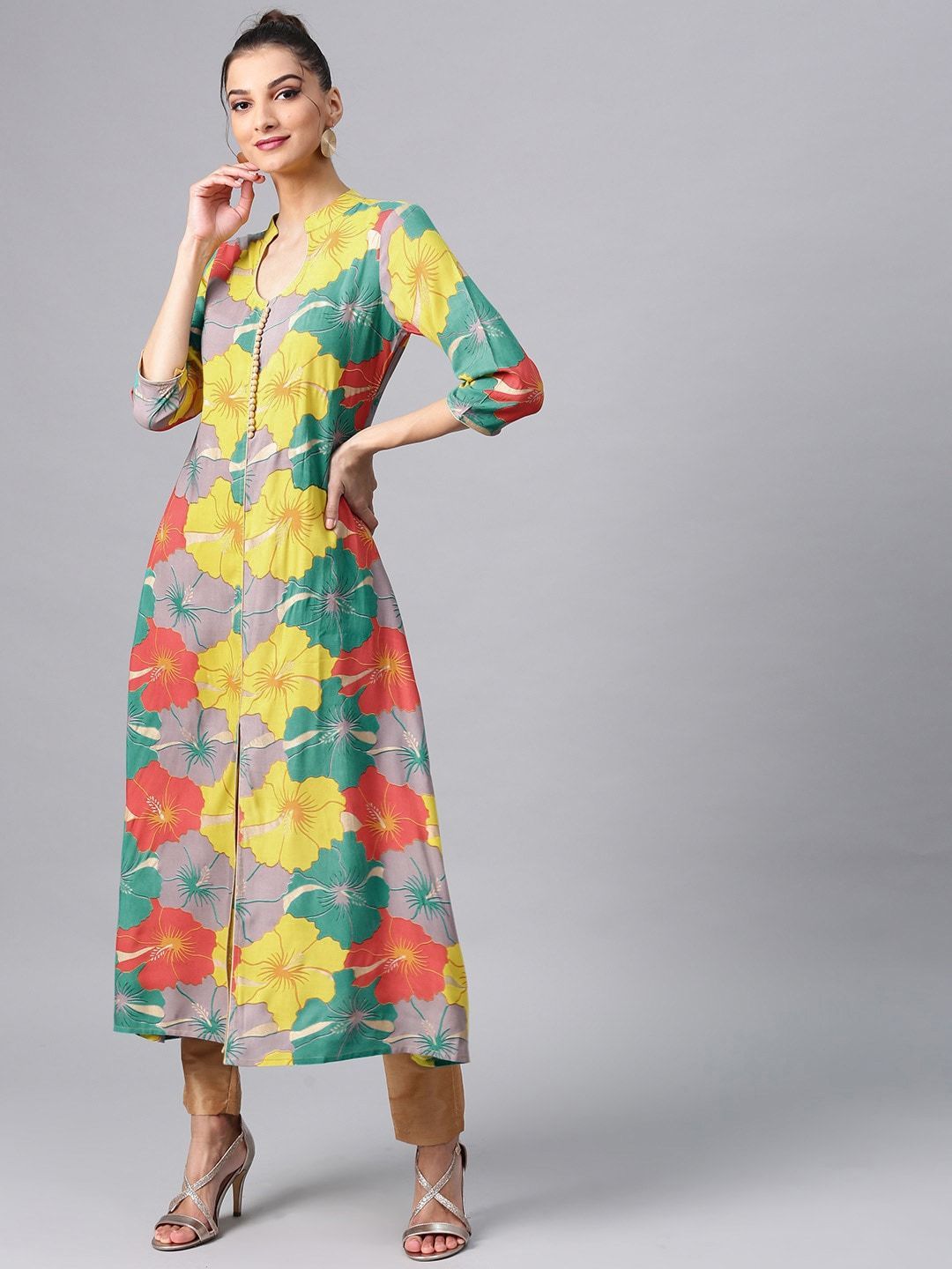 Women's  Yellow & Green Floral Print A-Line Kurta