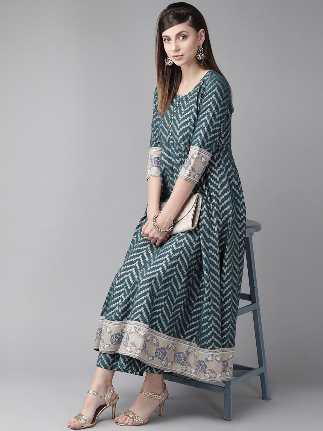 Women's  Teal Blue & Golden Chevron Print Anarkali Kurta