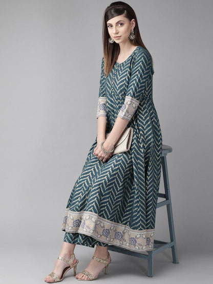 Women's  Teal Blue & Golden Chevron Print Anarkali Kurta