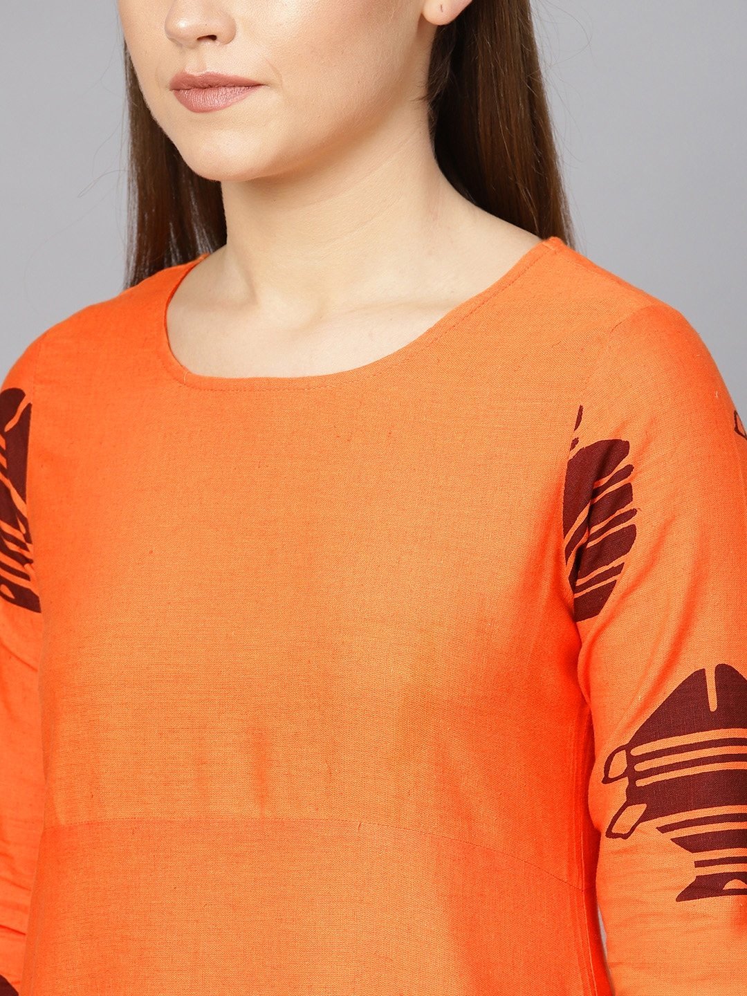 Women's  Orange & Brown Printed A-Line Kurta