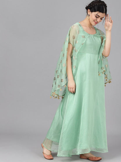 Women's  Green Foil Print Maxi Dress