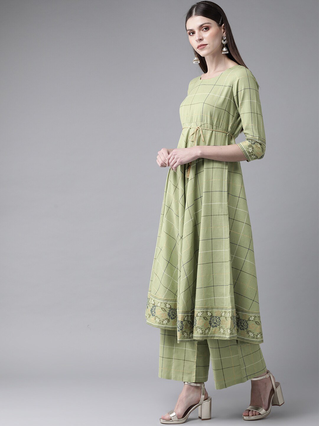 Women's  Green & Golden Checked A-Line Kurta