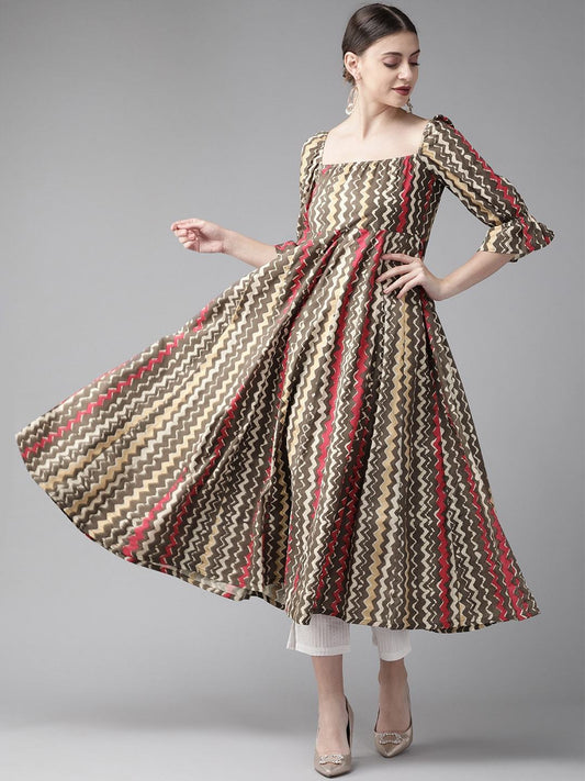 Women's  Brown & Red Striped Anarkali Kurta