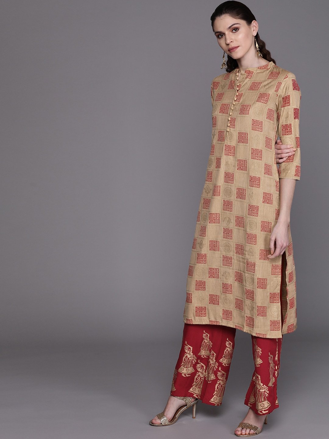 Women's  Beige & Maroon Printed Kurta with Palazzos