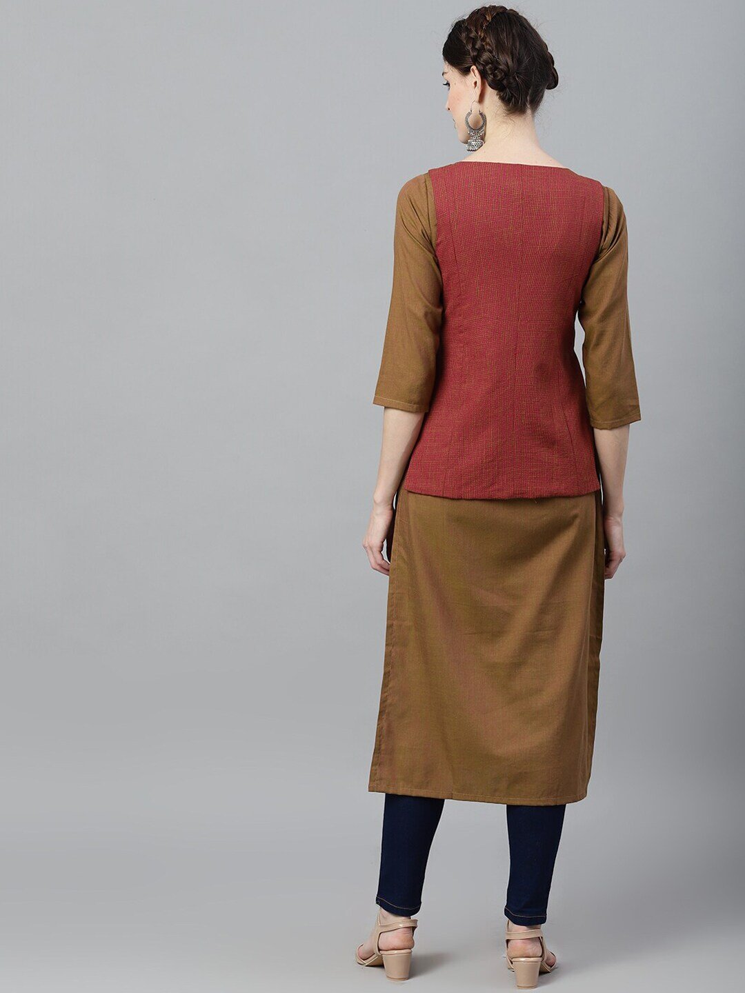 Women's  Olive Green & Maroon Solid A-Line Kurta