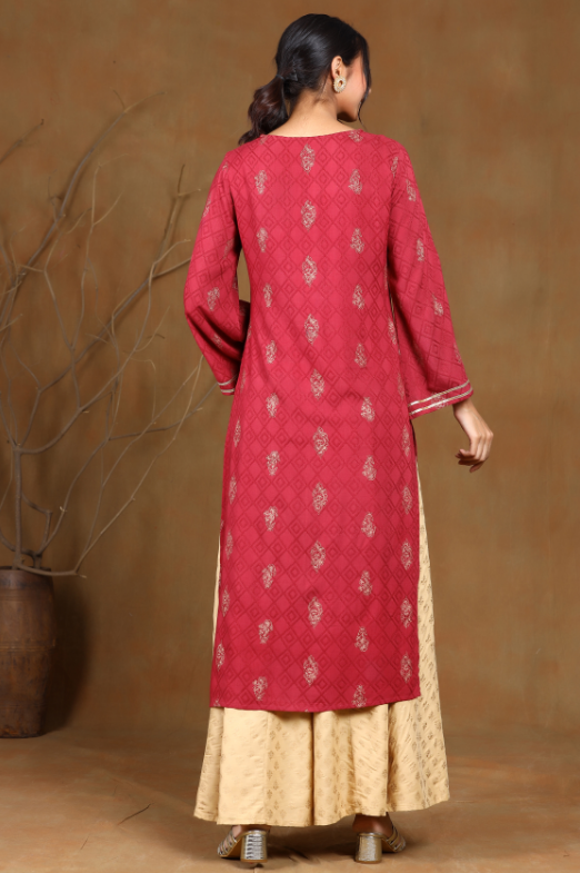 Women's Wine Rayon Embroidered Straight Kurta