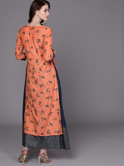 Women's  Orange & Teal Blue Floral Print Layered Maxi Dress