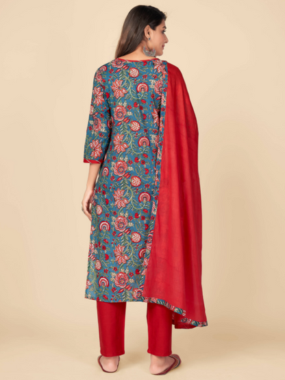 Women's Printed & Gota Patti Work Straight Cotton Blue Kurta Pant With Dupatta (3Pcs Set)