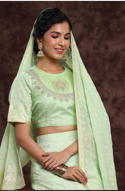 Women's Mint Shantoon Embroidred Lehenga Choli Dupatta Set