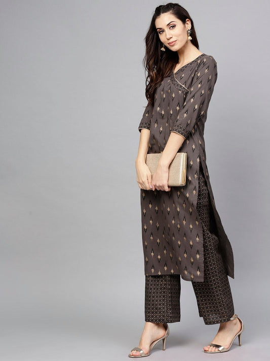 Women's  Charcoal & Gold-Toned Printed Kurta with Trousers