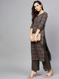 Women's  Charcoal & Gold-Toned Printed Kurta with Trousers